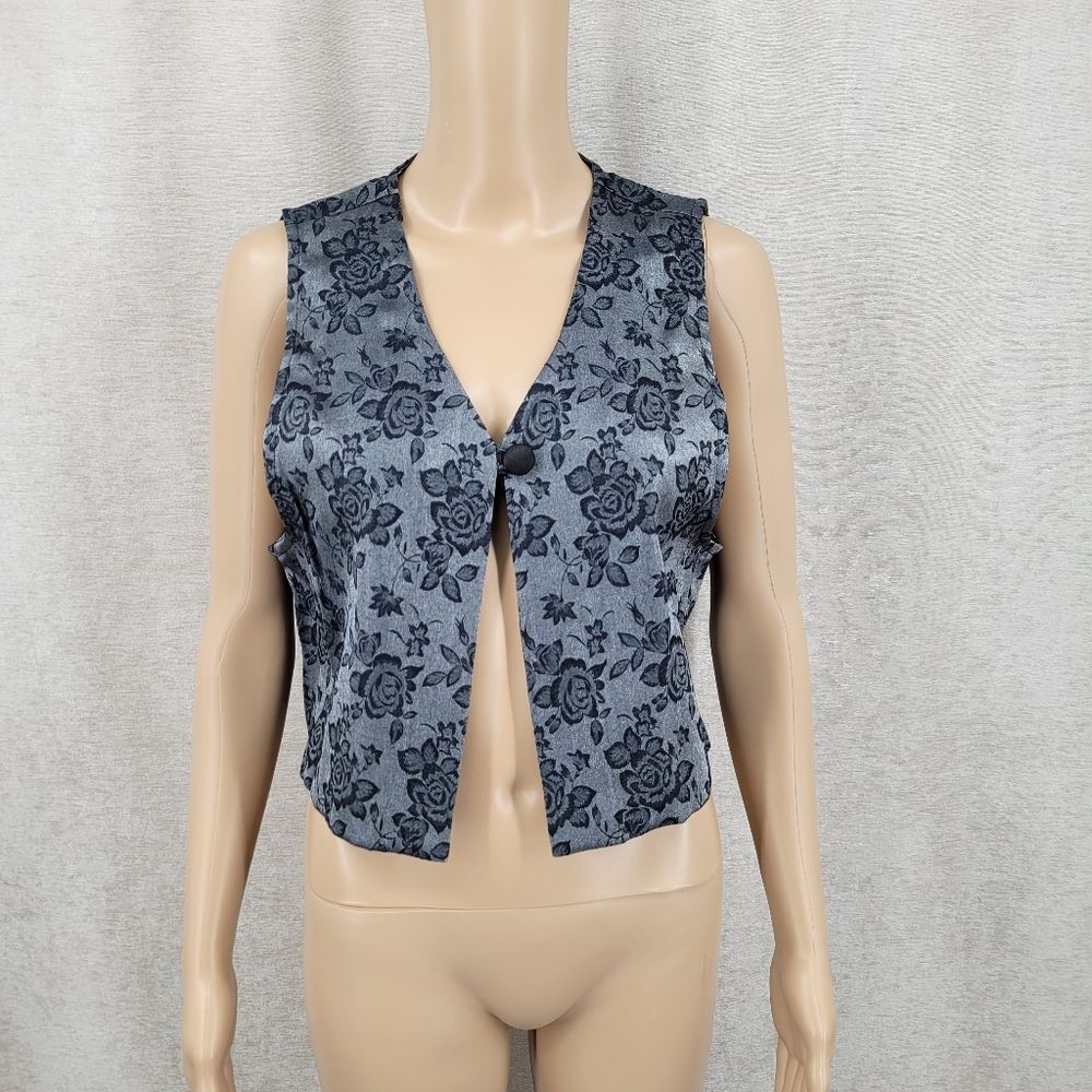 Vintage Satin Jacquard Floral Cropped Vest Metallic Gun Metal Silver Charcoal